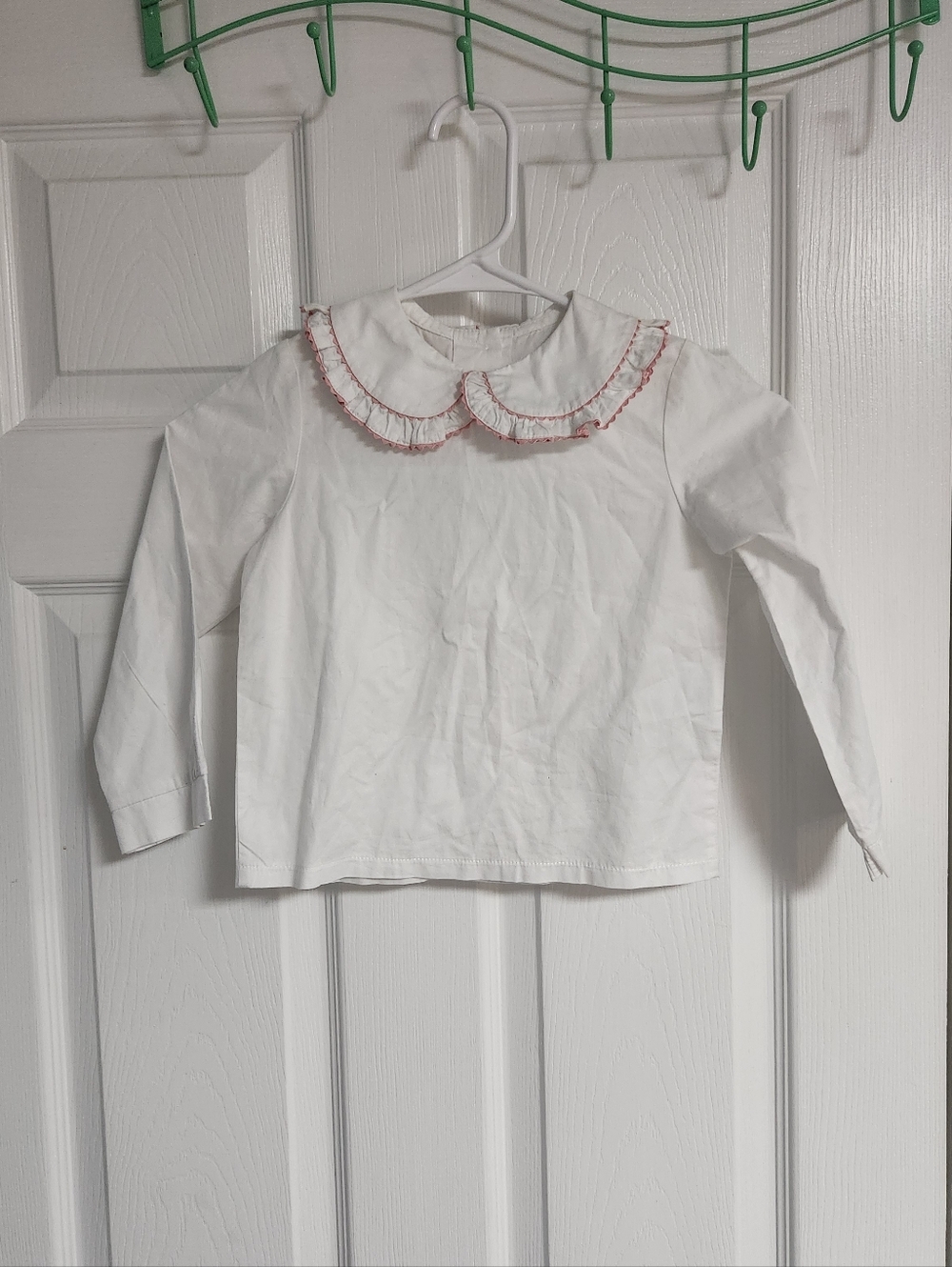 Girls White Long-Sleeve Peter Pan Collar Top with Pink Trim